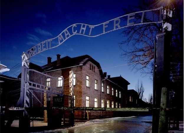 The entrance to Auschwitz concentration camp in Poland