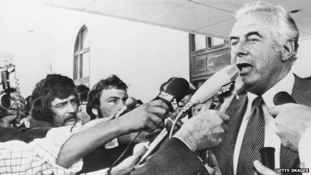 Prime Minister Gough Whitlam addresses reporters outside the Parliament building in Canberra after his dismissal by Australia's Governor-General, 11 November 1975