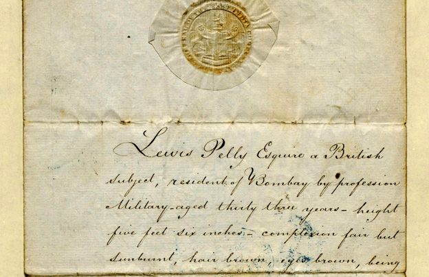 Front cover of passport issued at Bombay Castle in 1858 to Lewis Pelly, East India Company officer and British diplomat (“…complexion fair but sunburnt…”), for a journey from India to England.