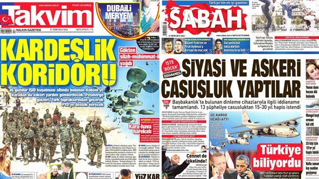 Front pages of Turkish tabloid Tavkim and pro-government newspaper Sabah