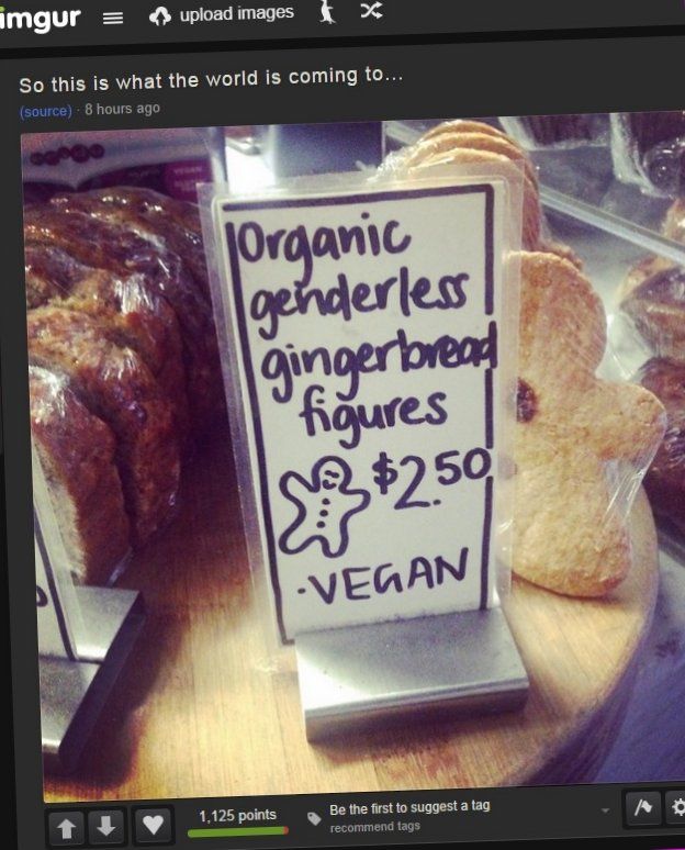 A gingerbread figure, labelled as genderless and vegan