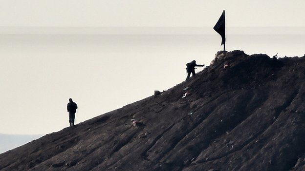 Alleged Islamic State militants stand next to a black IS flag near the Turkish-Syrian border