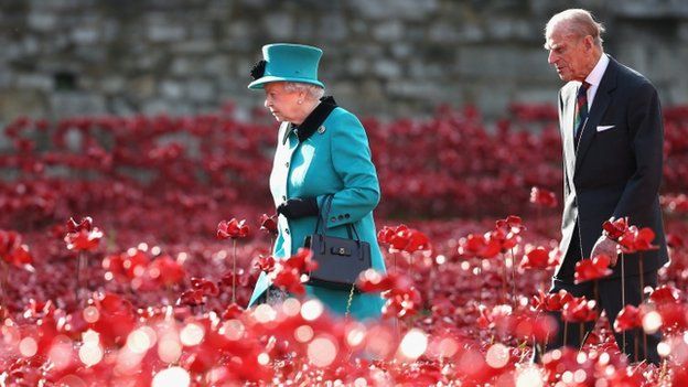 The Queen and the Duke of Edinburgh at a poppy art installation at the Tower of London earlier this month