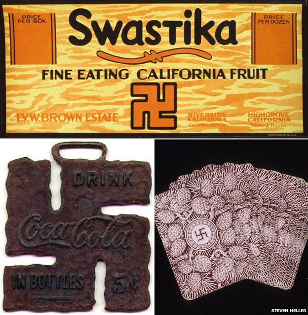 Label from Swastika "eating fruit" (1930s); playing cards (1920s); and a Coca-Cola pendant issued for teenagers