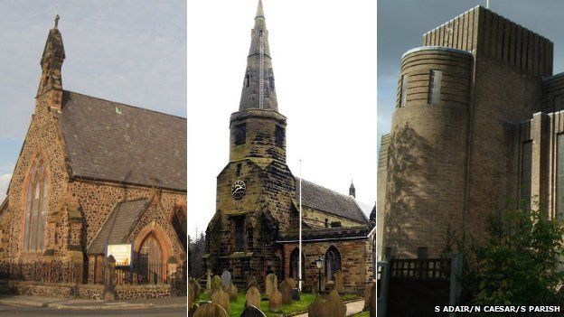 Church of Holy Trinity in St. Helens, Church of St Cuthbert in Halsall and Church of St Nicholas in Burnage