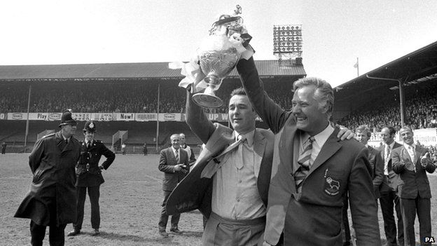 Brian Clough and Peter Taylor with the Football League championship at the Baseball Ground trophy in 1972