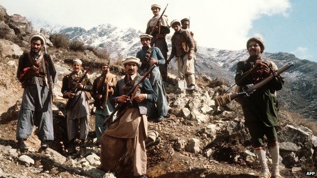This picture taken in the early 80s shows the premier groups of the Afghan anti-Soviet resistance fighters with their primitive arms in the eastern parts of the country.