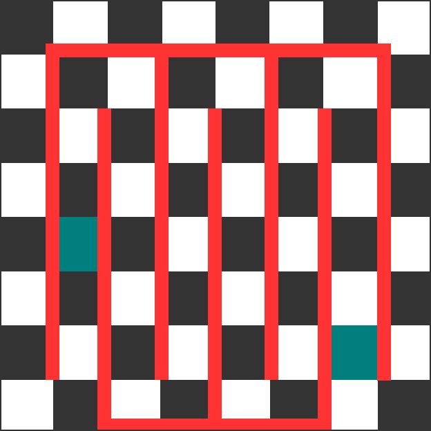 Chessboard with one white and one black square removed - red lines divide up the board into two interlocking comb shapes