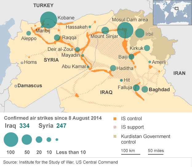 Map showing airstrikes in Syria and Iraq since 8 August 2014