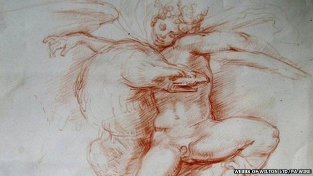Eric Hebborn sanguine drawing, after a design by Michelangelo, Eagle and Figure