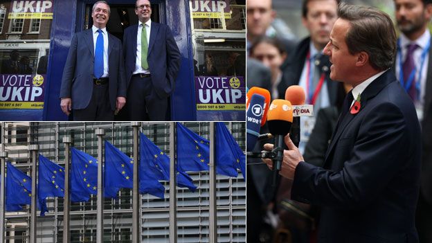 Clockwise from top left: Nigel Farage an Mark Reckles; David Cameron; EU building
