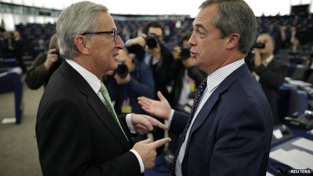 Nigel Farage speaking to the incoming European President Jean-Claude Juncker on Wednesday