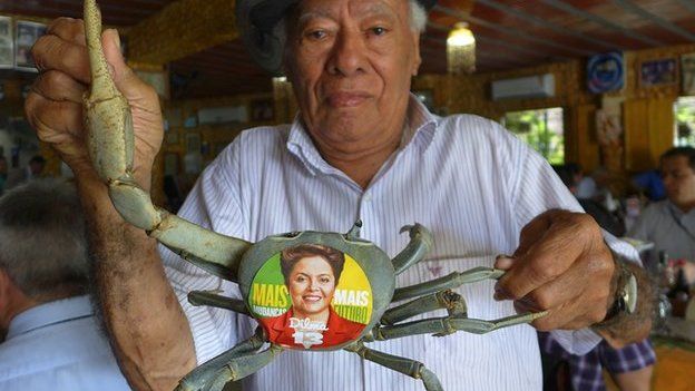 Restaurant owner Luiz da Gia with his famous pet crab displaying a Dilma Rousseff sticker