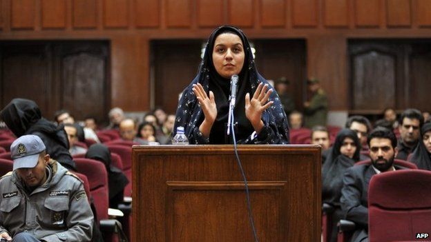 A picture taken on December 15, 2008 at a court in Tehran shows Iranian Reyhaneh Jabbari speaking to defend herself during the first hearing of her trial for the murder of a former intelligence official.