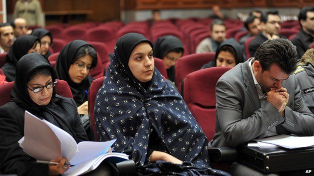 In this picture taken on Dec. 15, 2008, Iranian Reyhaneh Jabbari, center, sits while attending her trial in a court in Tehran, Iran