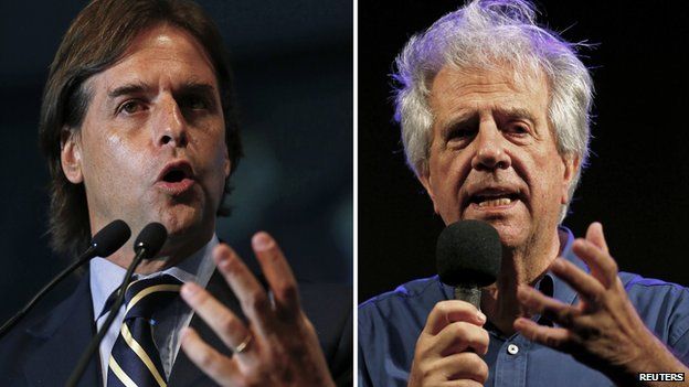 Luis Lacalle Pou in Montevideo on September 15, 2014 (L) and Tabare Vazquez in Montevideo on October 23, 2014.