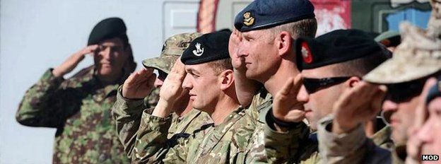 British soldiers saluting in a line