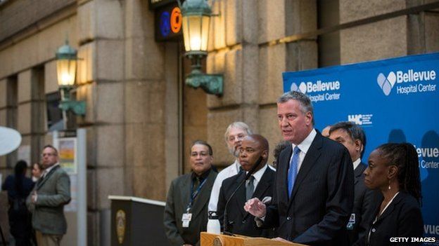 New York City Mayor Bill de Blasio speaks at a press conference at Bellvue Hospital regarding the ongoing situation with Dr Craig Spencer on 26 October 2014 in New York City.