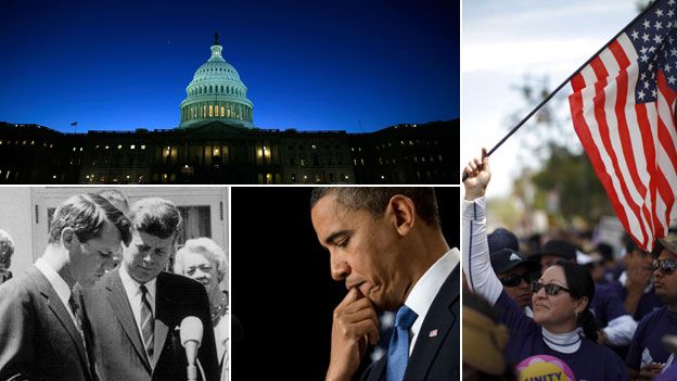 Clockwise from top: US Congress, Latino protest, President Obama, John and Robert Kennedy