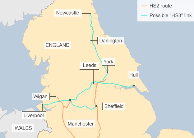 Map showing rail routes between cities in the north of England likely to be included in the proposed HS3 rail project