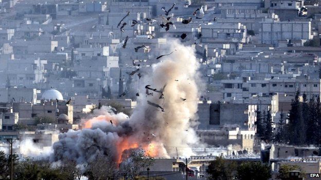 An explosion after an air strike in Kobane, Syria, on 27 October 2014