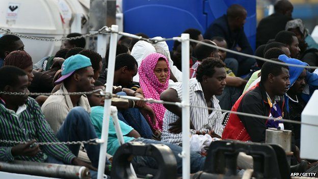 Migrants on a coast guard boat in Palermo