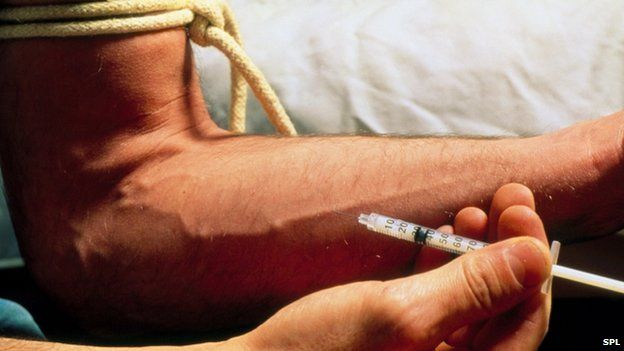 Drug user injecting heroin