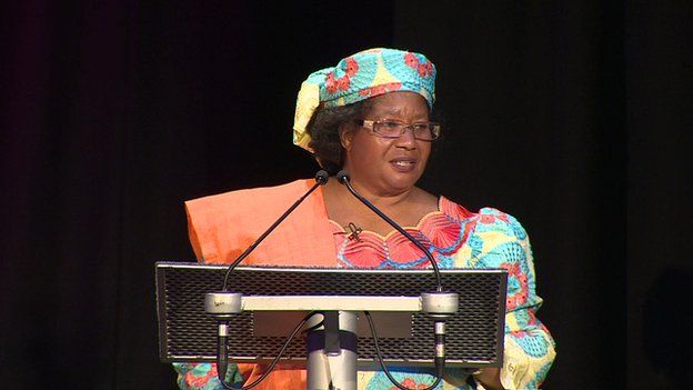 Joyce Banda, former president of Malawi speaks at the speaker tribune
