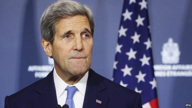 US Secretary of State John Kerry answers questions at the Department of Foreign Affairs building in Ottawa, Canada, 28 October 2014