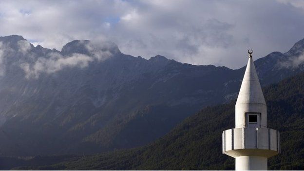 A mosque is pictured against mountains in the Tyrolean village of Telfs in western Austria