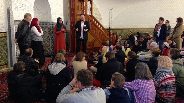 A meeting inside Vienna's main mosque for its open day