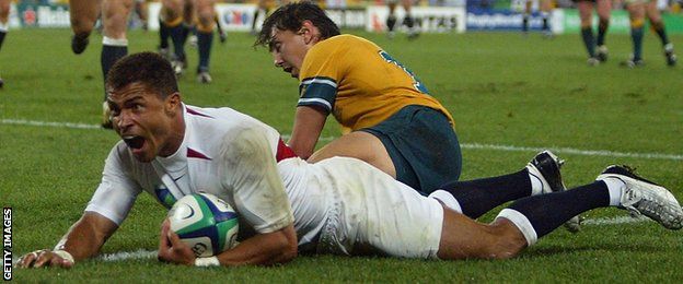 Jason Robinson celebrates a try in England's 2003 World Cup final win over Australia