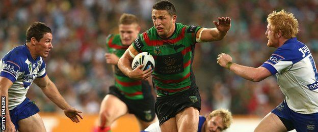 Sam Burgess on the charge for South Sydney Rabbitohs against Canterbury Bulldogs in Australia's NRL Grand Final