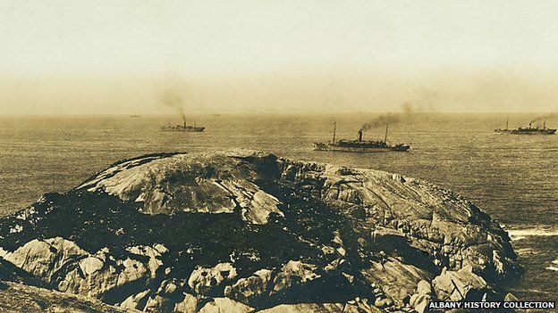 Ships gather off Albany to take soldiers to Europe. By Kind Permission of the Albany History Collection