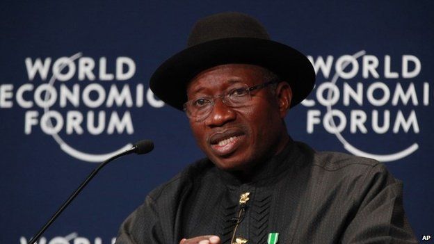 Nigerian President Goodluck Jonathan at the World Economic Forum on Africa in Abuja (10 October 2014)