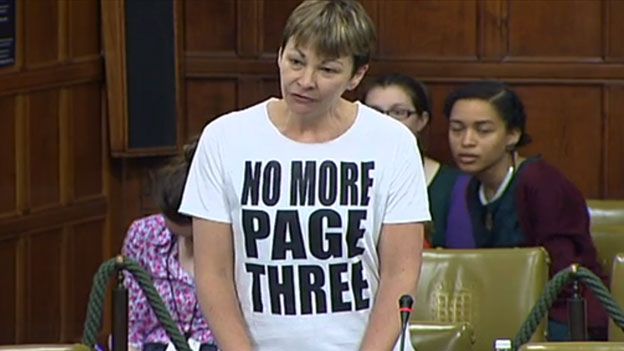 Caroline Lucas in her 'no more page three T-shirt'