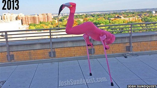 Amputee Josh Sundquist dressed as a flamingo with the head on his one leg, using crutches he puts himself upside down to reveal the flamingo's head