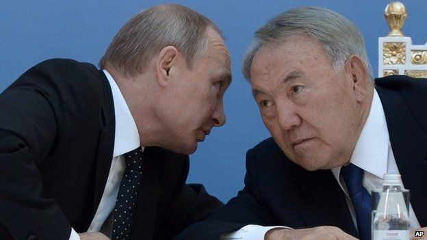 Kazakhstan's President Nursultan Nazarbayev (right) and Russian President Vladimir Putin (September 2014)