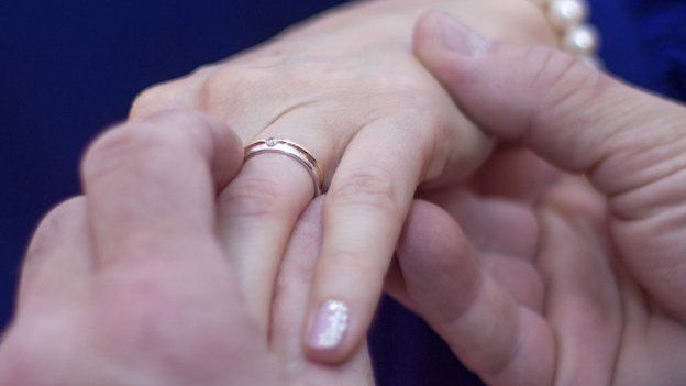 Man's hands putting ring on woman's finger