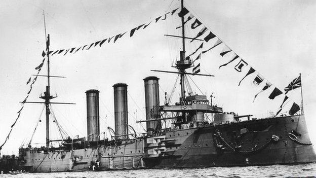 circa 1911: The battleship, HMS 'Monmouth', at sea