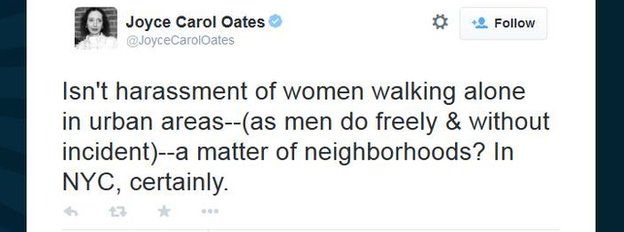 AUthor Joyce Carol Oates tweets about street harassment in New York