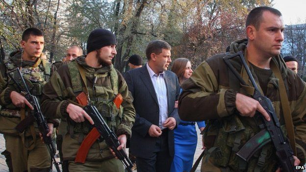 Alexander Zakharchenko (centre) and his bodyguards in Donetsk. Photo: 2 November 2014