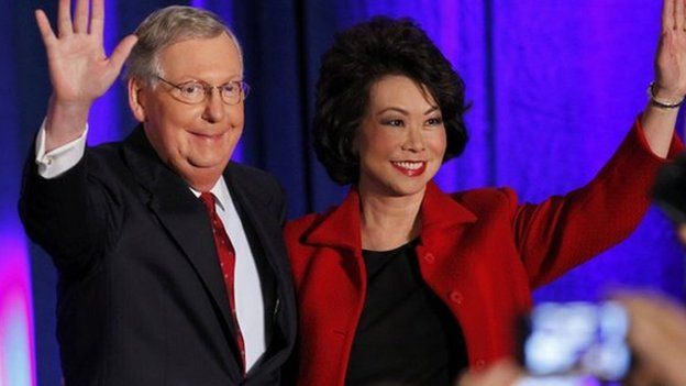 U.S. Senate Minority Leader Mitch McConnell (R-KY) waves to supporters with his wife, former United States Secretary of Labor Elaine Chao, at his midterm election night rally in Louisville
