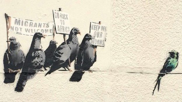 Banksy mural showing pigeons in Clacton