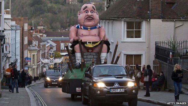 An effigy of defeated Scottish independence leader Alex Salmond is paraded through Lewes, Sussex