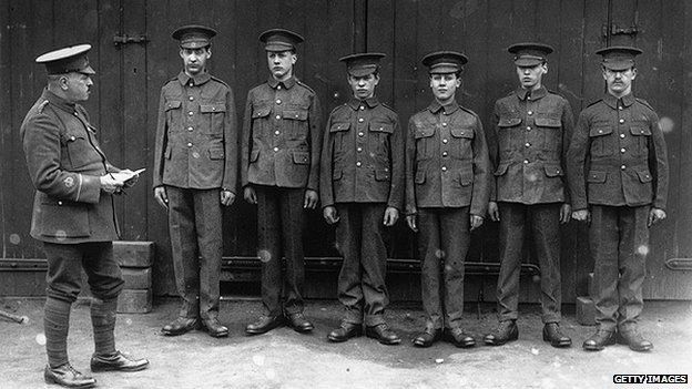 Circa 1915: New recruits line up for inspection in Bermondsey, London during World War One