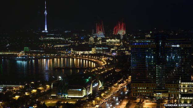 a night view of Baku, Azerbaijan