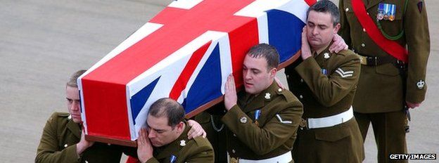 The Union Jack draped coffin of Private Jonathan Peter Kitulagoda is carried off the Royal Air Force Hercules upon its arrival on February 5, 2004 at the Royal Air Force Brize Norton, England. 23-year-old private Kitulagoda was killed by a suspected suicide bomb attack near a military base on January 28, 2004 in Kabul, Afghanistan