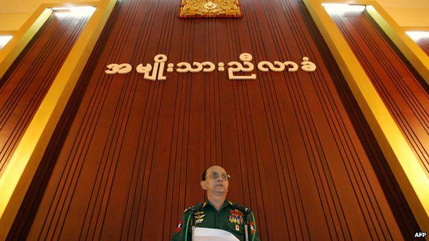 This file photo dated 5 December 2005 shows Myanmar's Lieutenant General Thein Sein, chairman of the National Convention, delivering a speech at an inaugural session of the National Convention in Nyaung Hnapin