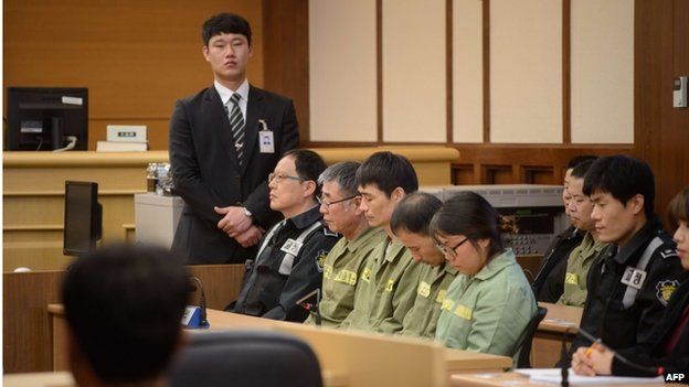 Sewol ferry captain Lee Jun-Seok (3rd R) sits with other crew members inside a a court room in Gwangju at the start of the verdict proceedings on 11 November 2014.